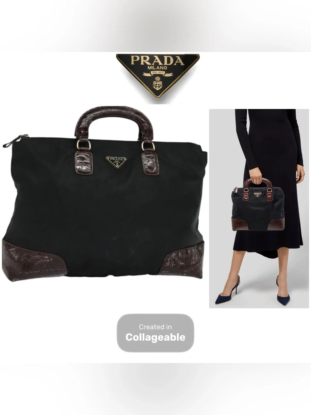 👜 PRADA Nylon Black Brown handbag Authentic Zip Fall Winter